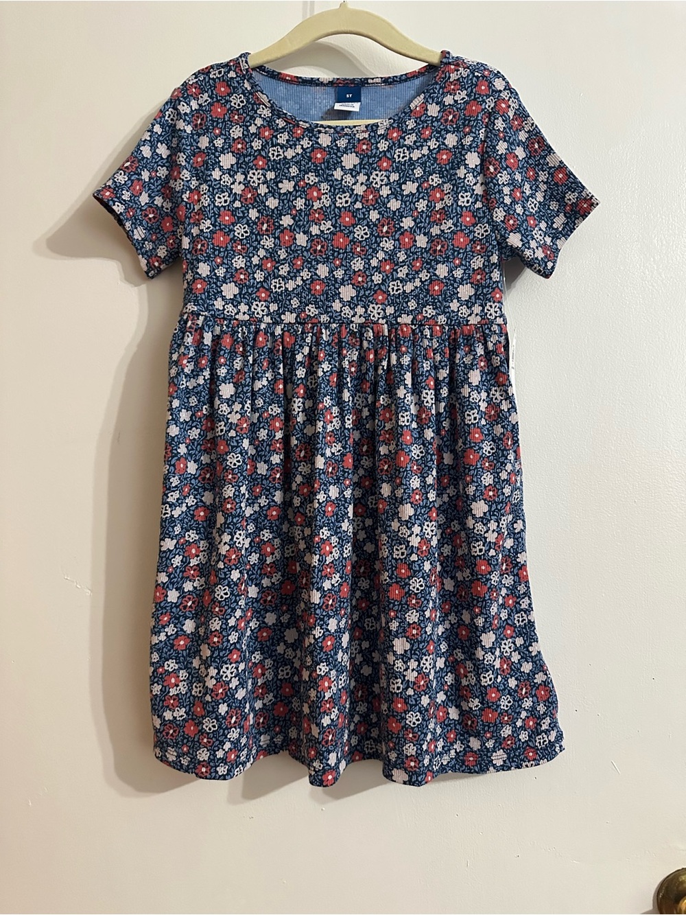 Old Navy Navy Floral Short-Sleeve Gathered Dress with Red and White Blossoms